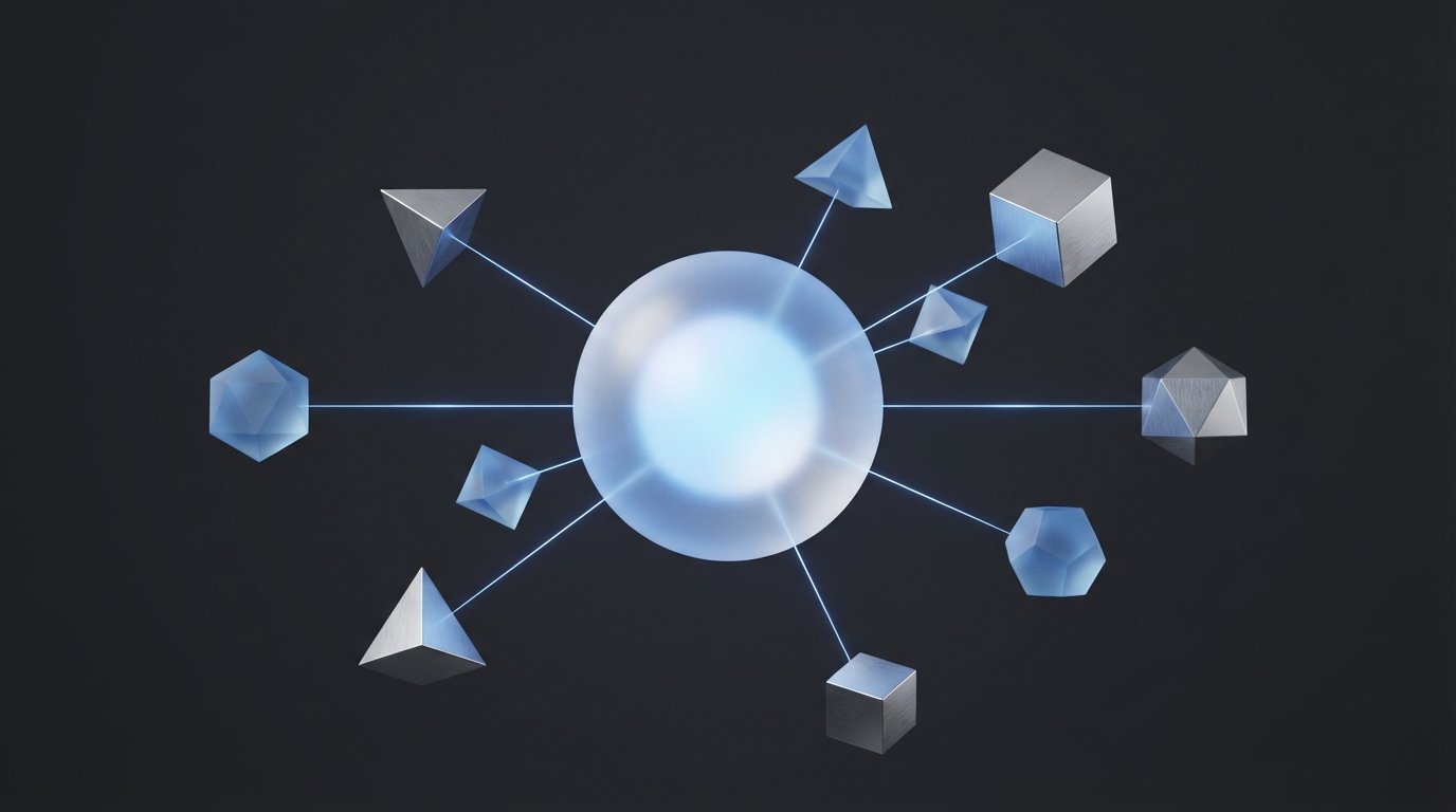 An abstract representation of composable and sovereign AI, with a secure central core and interconnected modular blocks.