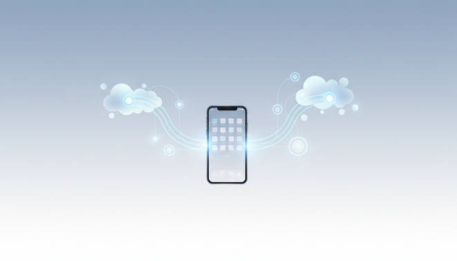 Minimalist smartphone interface interacting with digital cloud nodes