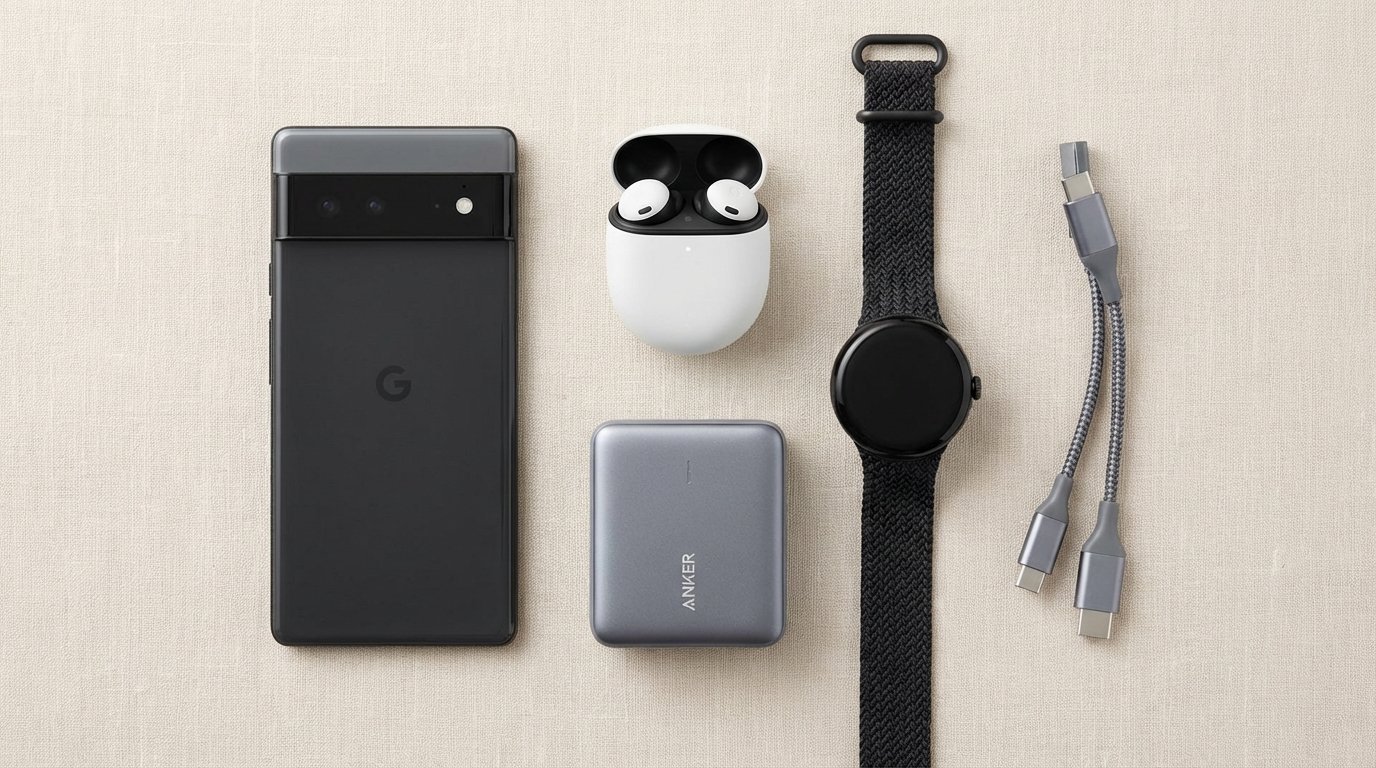 A collection of popular tech gadgets including a smartphone, smartwatch, headphones, and power bank.
