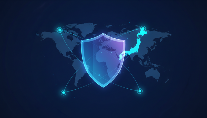 A stylized digital shield and a glowing network connecting global tech hubs in Canada, Germany, and Japan, representing digital sovereignty.