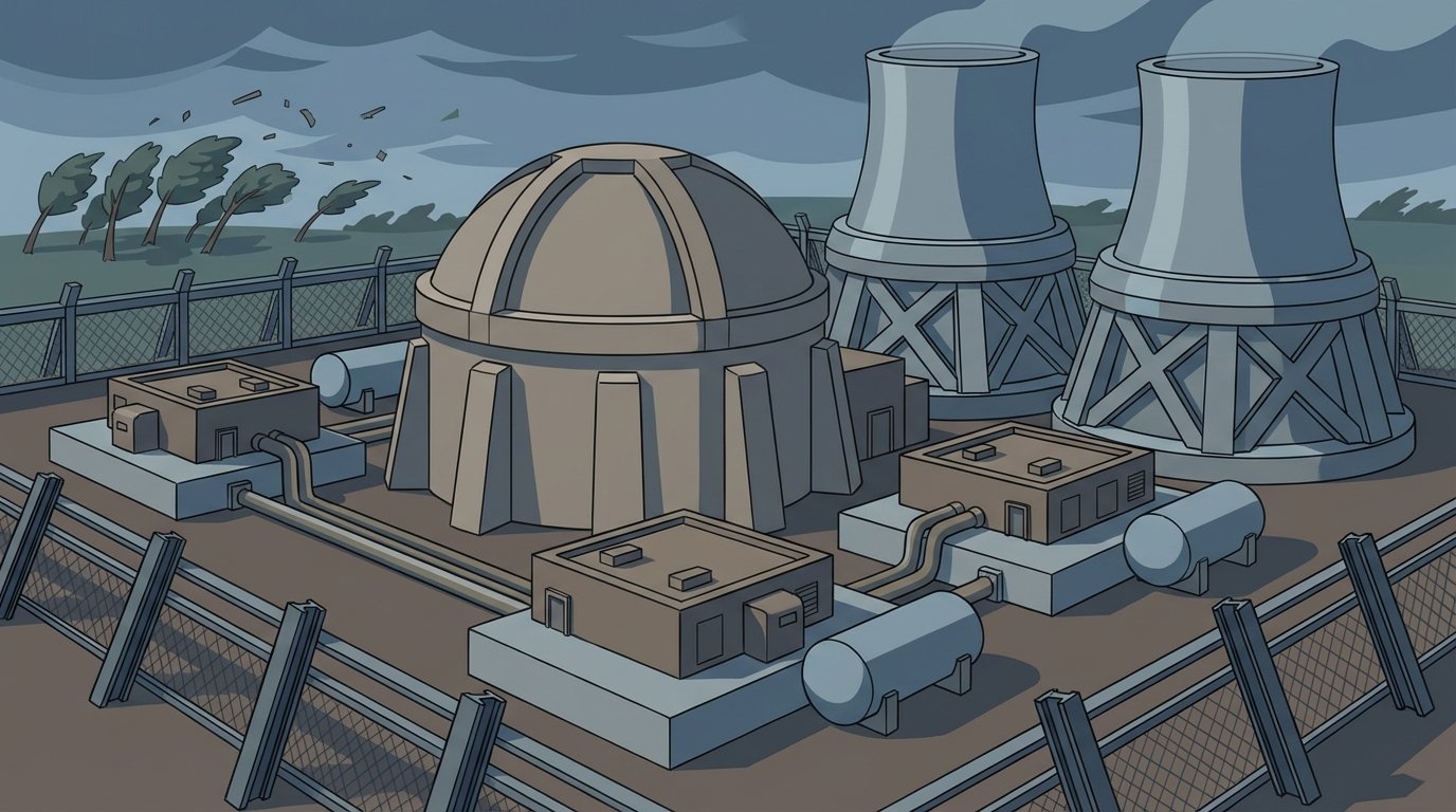 A simplified illustration of a nuclear power plant engineered for extreme weather resilience showing reinforced cooling towers, multiple backup diesel generator buildings, and a tornado-proof reactor containment structure under a stormy sky. The composition emphasizes protection and redundancy without any text in the image.