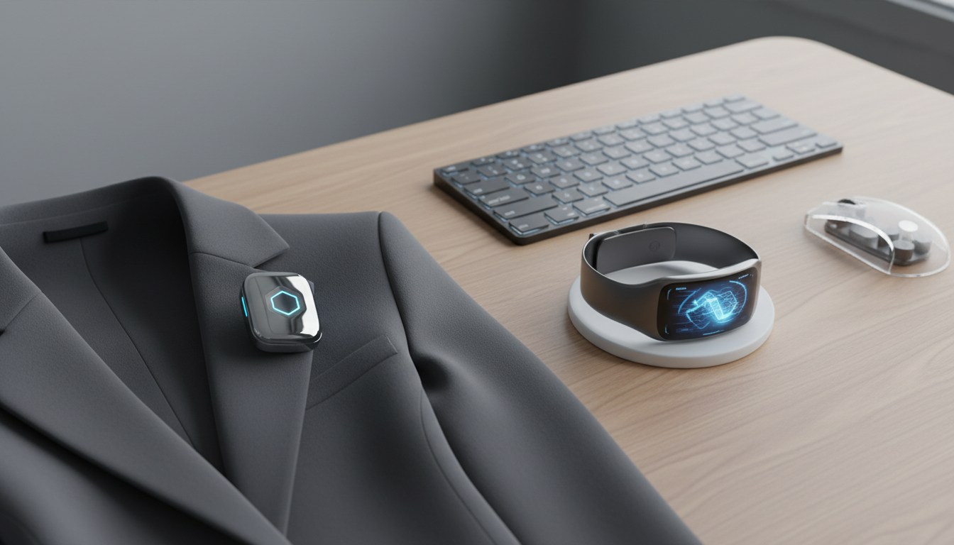 A futuristic AI pin and a sleek smart wearable device on a modern desk setup