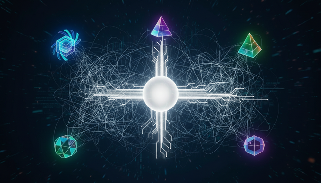 A digital conceptual artwork showing several glowing geometric icons representing different software systems connected by tangled lines to a bright central node.