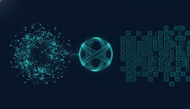 Minimalist digital art showing an AI system organizing chaotic data into a structured grid format