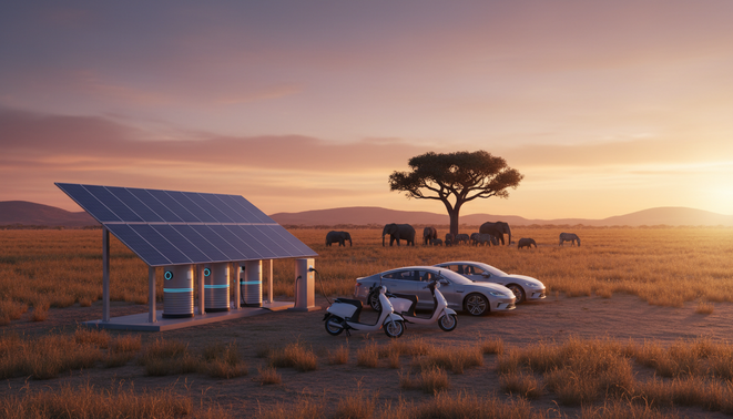 Electric vehicles and solar charging infrastructure in an African landscape