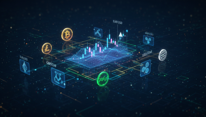 Digital connections between financial data points like stocks and crypto symbols
