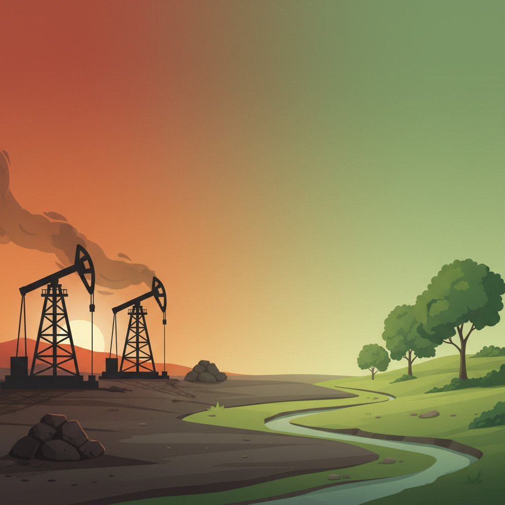 A minimal silhouette of oil rigs and a coal pile at left with a warm sunset that transitions to a green landscape on the right, symbolizing harm and hope.
