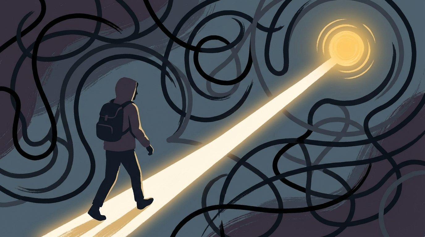 Illustration of a founder navigating the emotional journey of fundraising with clarity and purpose.