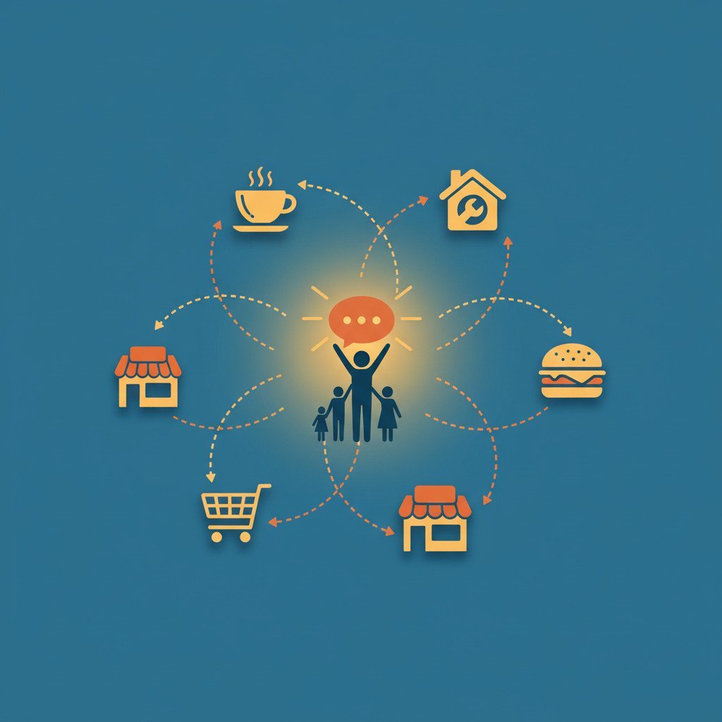 Illustration of a small group holding a warm glowing light with stylized storefront icons connected by dotted paths, showing stories spreading through a community