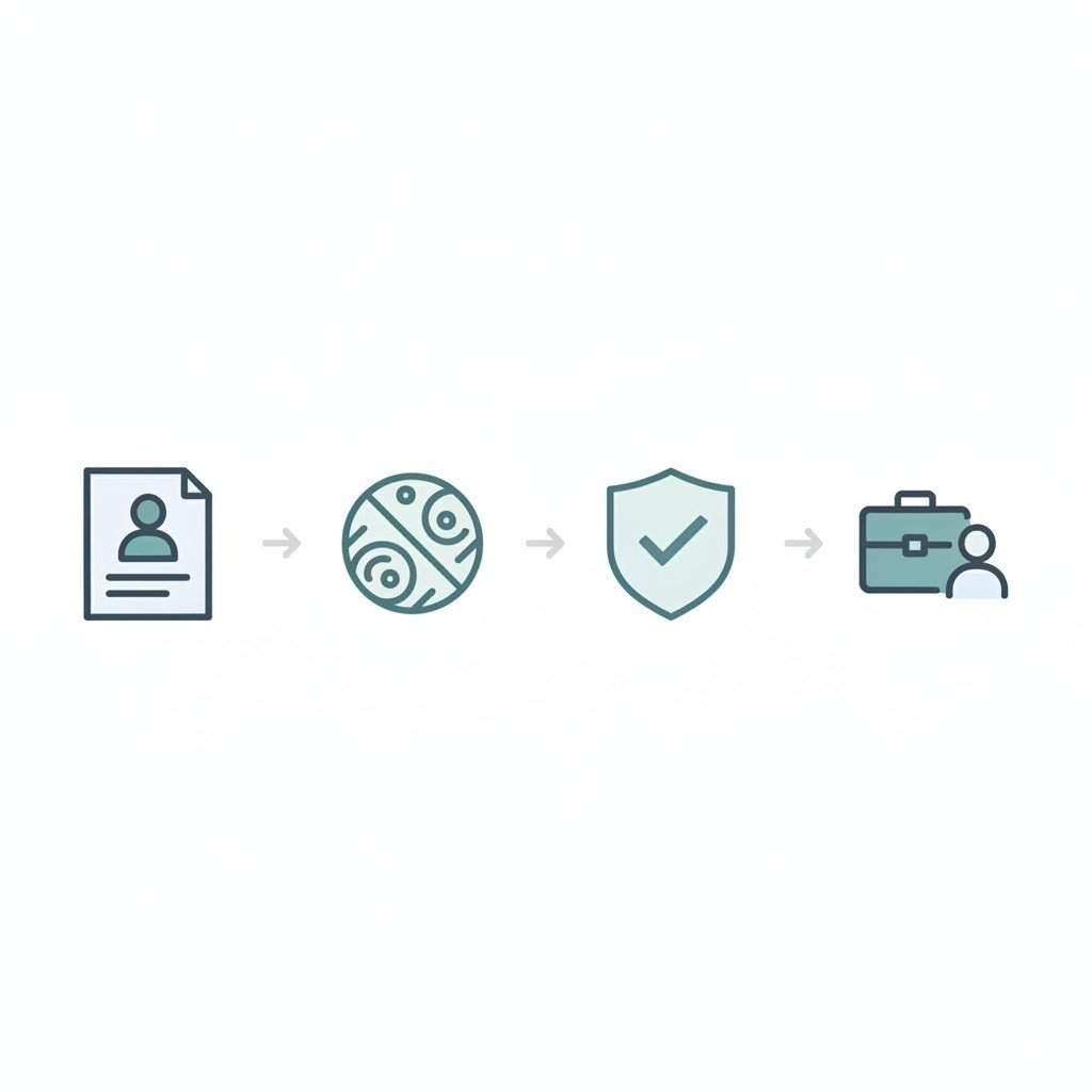 Clean horizontal icon-based illustration showing four steps in the H-1B visa process: application, lottery, approval, and employment start. The image uses flat icons, muted blues and teals, and a transparent background for easy embedding.