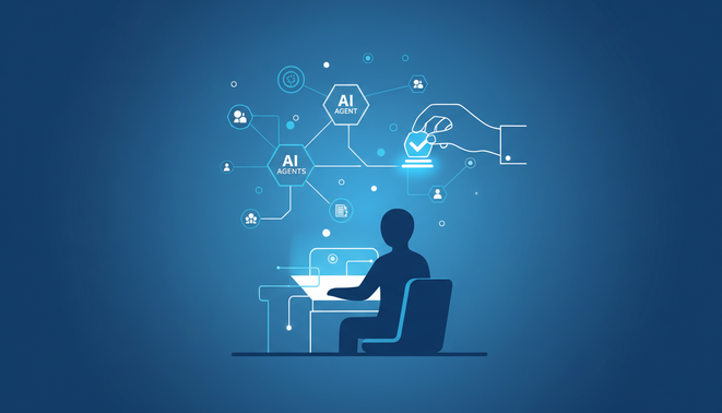 A minimalist digital illustration showing a human silhouette at a control desk monitoring a glowing network of AI agent icons. The human is holding a digital stamp or approval checkmark over a connection line.
