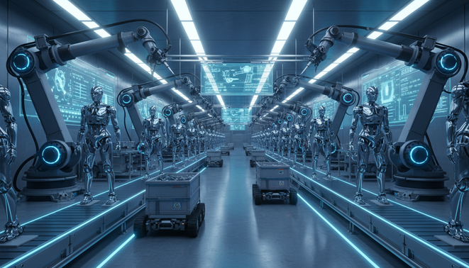 A futuristic factory floor featuring an automated assembly line for humanoid robots with large industrial robotic arms.