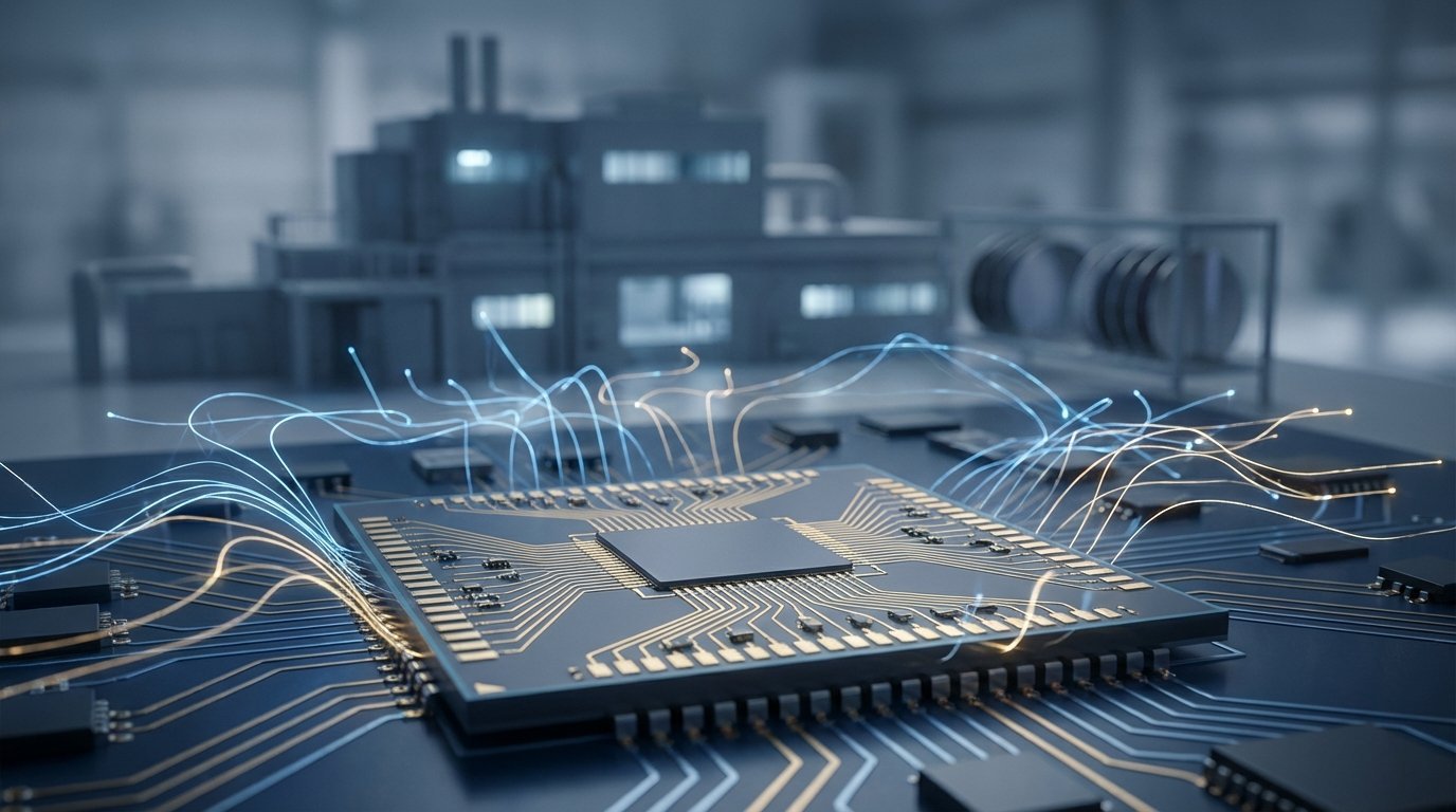 Close-up of a modern AI chip die on a circuit board with glowing, neural-network-like traces and a blurred semiconductor fab silhouette in the background
