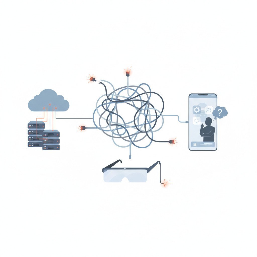 Illustration showing a tangled network of data nodes and cables linking a cloud data center, a mobile app interface with a confused user silhouette, and smart glasses hardware. Visual accents show frayed cables and stressed integration points to convey data complexity, integration strain, and user experience issues.