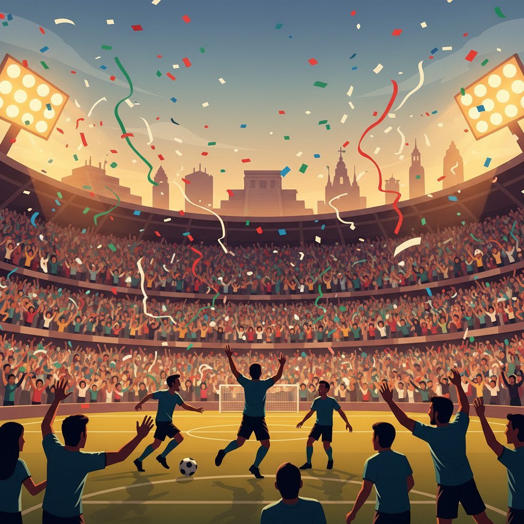 A vibrant stadium at twilight filled with diverse cheering fans, confetti in Mexican colors, and silhouetted players celebrating a goal; the scene evokes global soccer excitement and the historic spirit of the Mexico 2026 World Cup.