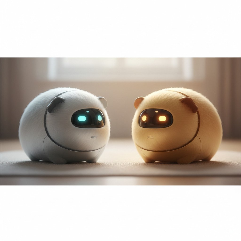A small, guinea pig sized robot pet with a soft, fur like shell and glowing oval eyes. The robot sits on a softly lit surface in a cozy room, shown in a three quarter view to emphasize its rounded, cuddly form.