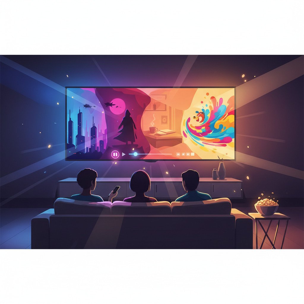 A colorful living room scene showing diverse viewers on a sofa watching a large TV. The screen displays abstract, brightly colored frames that hint at different genres such as neon sci fi, shadowy thriller silhouettes, cozy drama tones, and an animated sequence. Popcorn on a side table and subtle play icons appear as abstract shapes to evoke streaming variety and excitement.