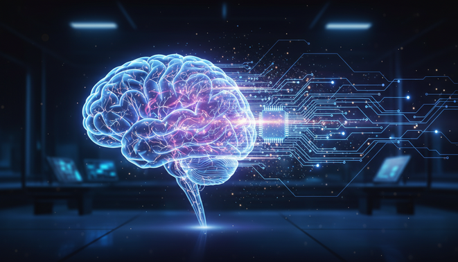 Visual representation showing biological brain concepts merging with artificial intelligence circuits