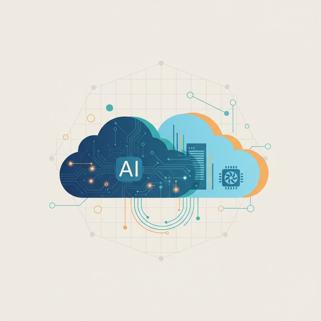 Illustration of two overlapping clouds connected by glowing data streams, one cloud patterned with neural network circuits and the other suggesting server racks with a GPU chip icon, on a soft neutral background.