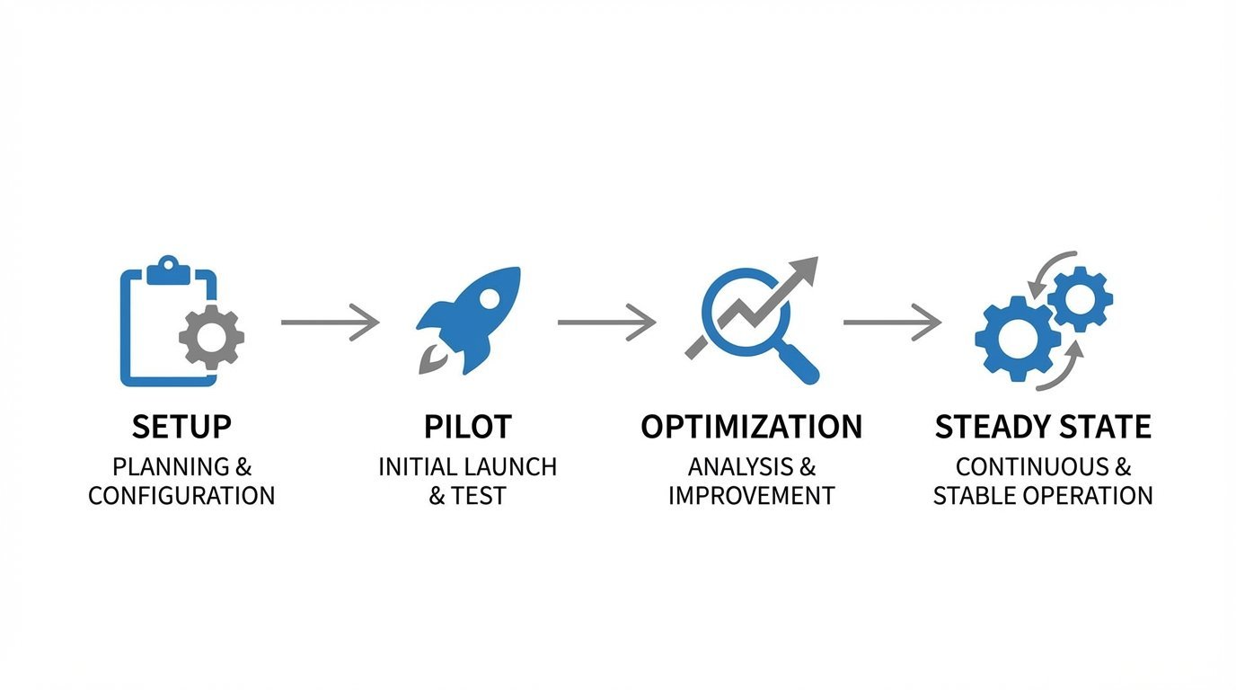 A visual flowchart of the four stages of outsourcing sales calling: setup, pilot, optimization, and steady state, represented by simple icons.