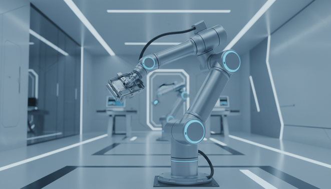 A sleek robotic arm operating in a clean futuristic high tech factory