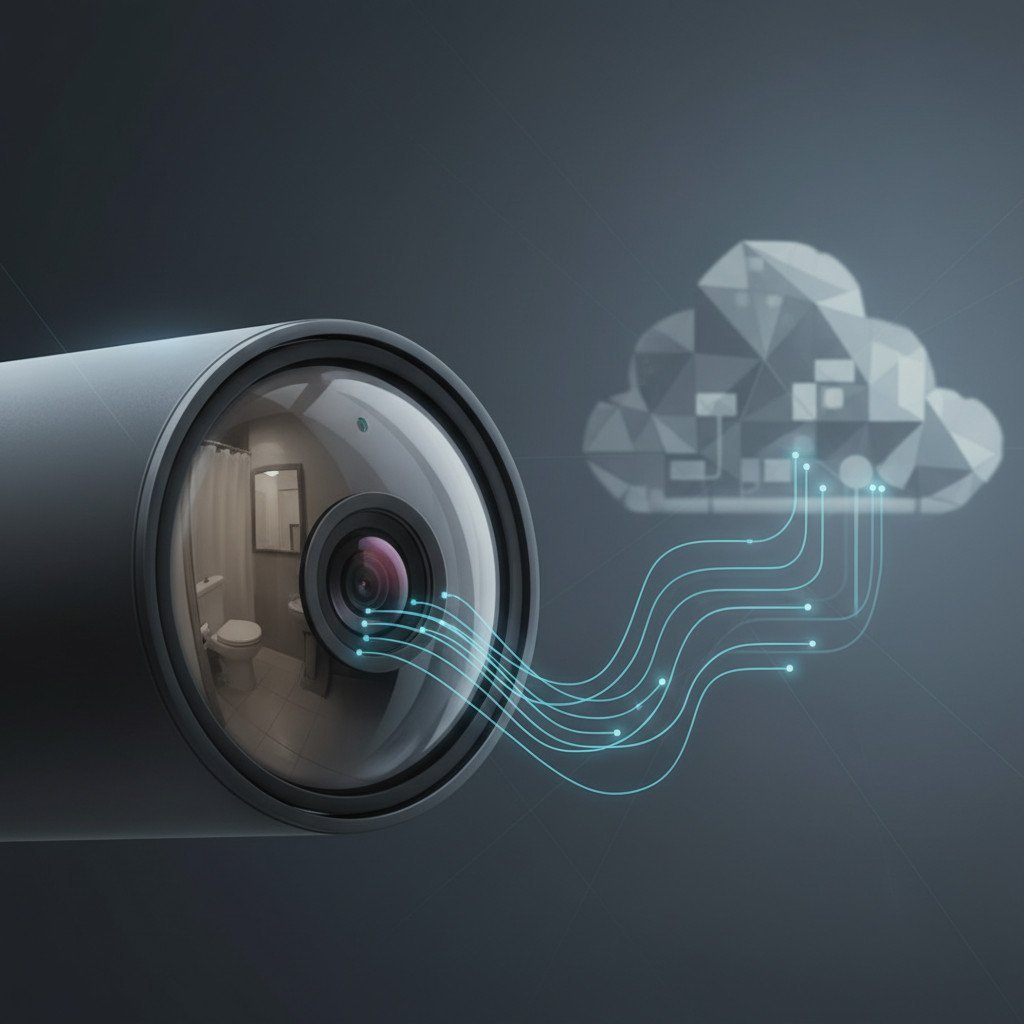 Close-up of a modern smart camera lens reflecting a blurred anonymous bathroom interior; a soft-focus cloud in the background and faint glowing data streams connect the camera to the cloud, symbolizing transmission and privacy risk.