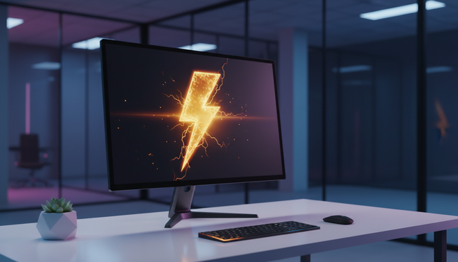 Sleek modern computer screen with a glowing lightning bolt representing rapid software deployment and automation.
