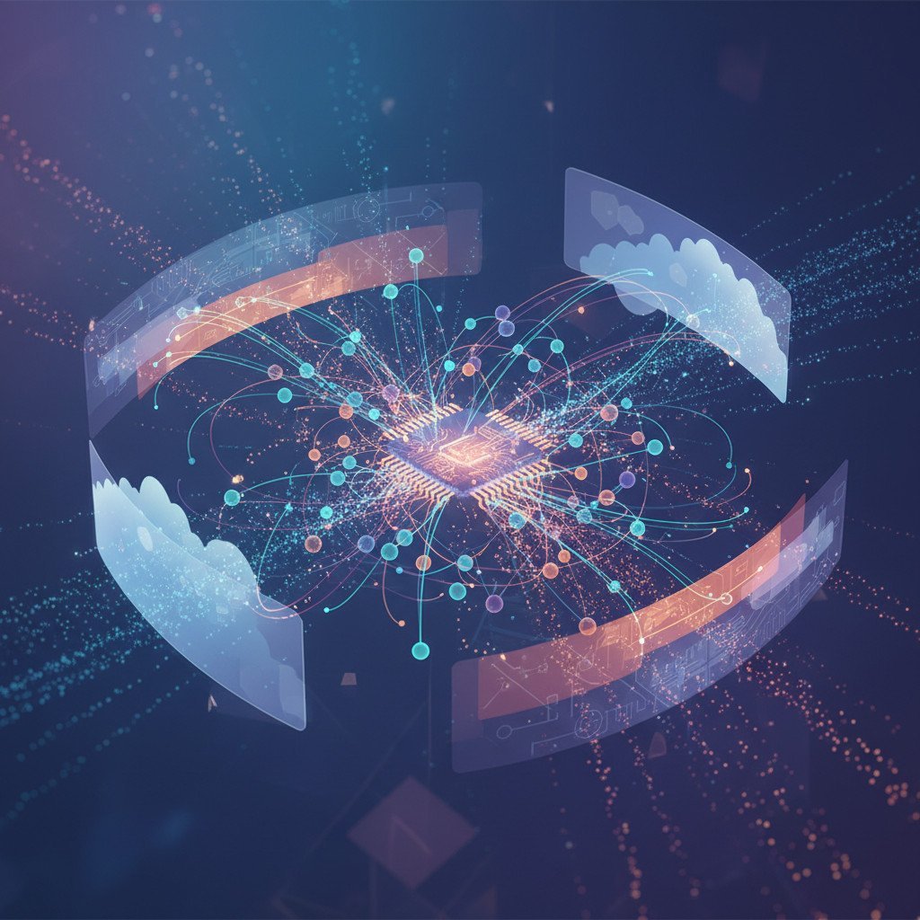 Abstract hero image showing a glowing neural network of interconnected nodes, flowing data lines, layered cloud panels, and a stylized AI chip silhouette in deep blue, teal, orange, and purple gradients. Clean, widescreen composition suitable for a blog header.