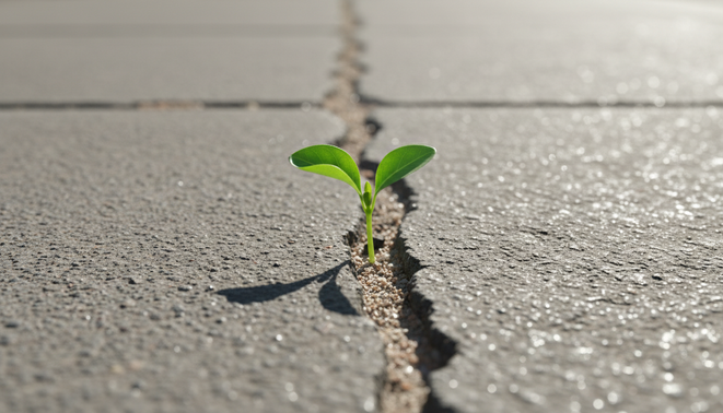 A vibrant green sapling growing out of a crack in grey concrete pavement, symbolizing startup resilience.