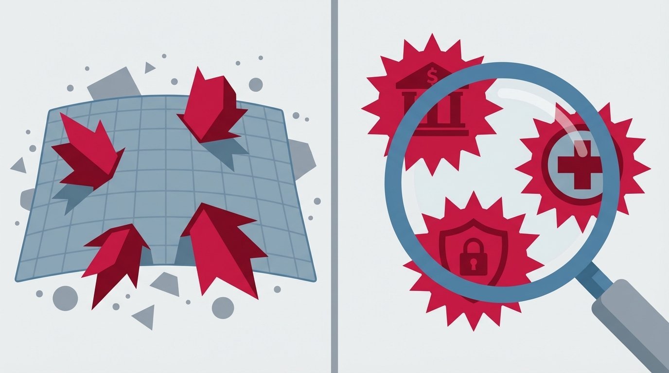 A visual comparison of two testing strategies. One side shows a blanket approach missing critical risks, while the other shows a focused, risk based testing approach successfully identifying key threats in banking, healthcare, and security.