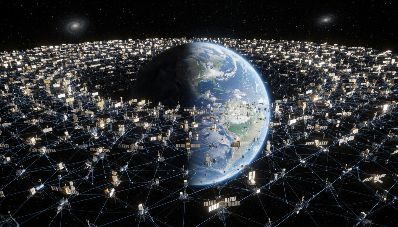 Conceptual view of thousands of satellites orbiting Earth as a dense megaconstellation for global AI computing