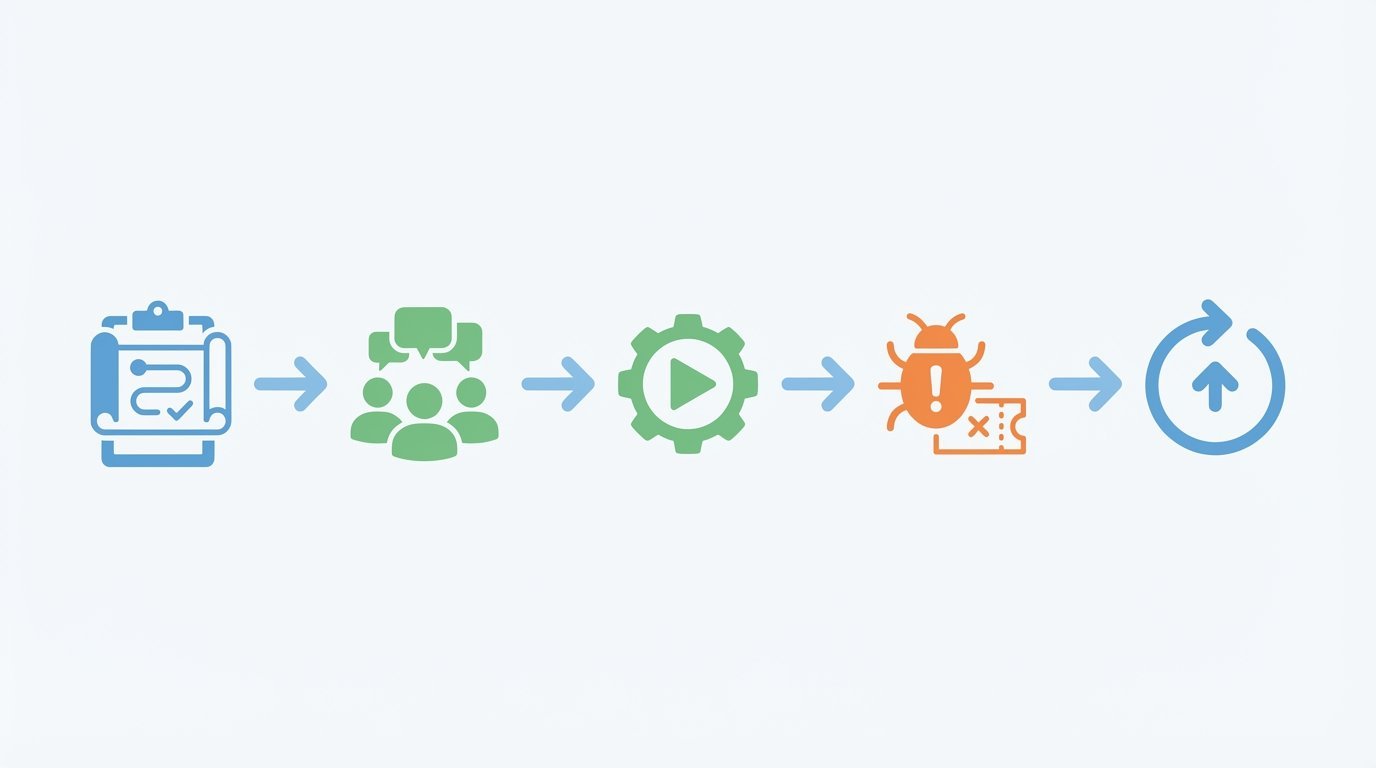 Illustration showing five-stage workflow icons arranged in a horizontal loop for planning, collaboration, execution, defect tracking, and continuous improvement.