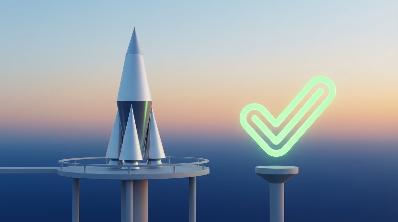 A rocket on a launchpad with a large green checkmark, symbolizing startup launch readiness.