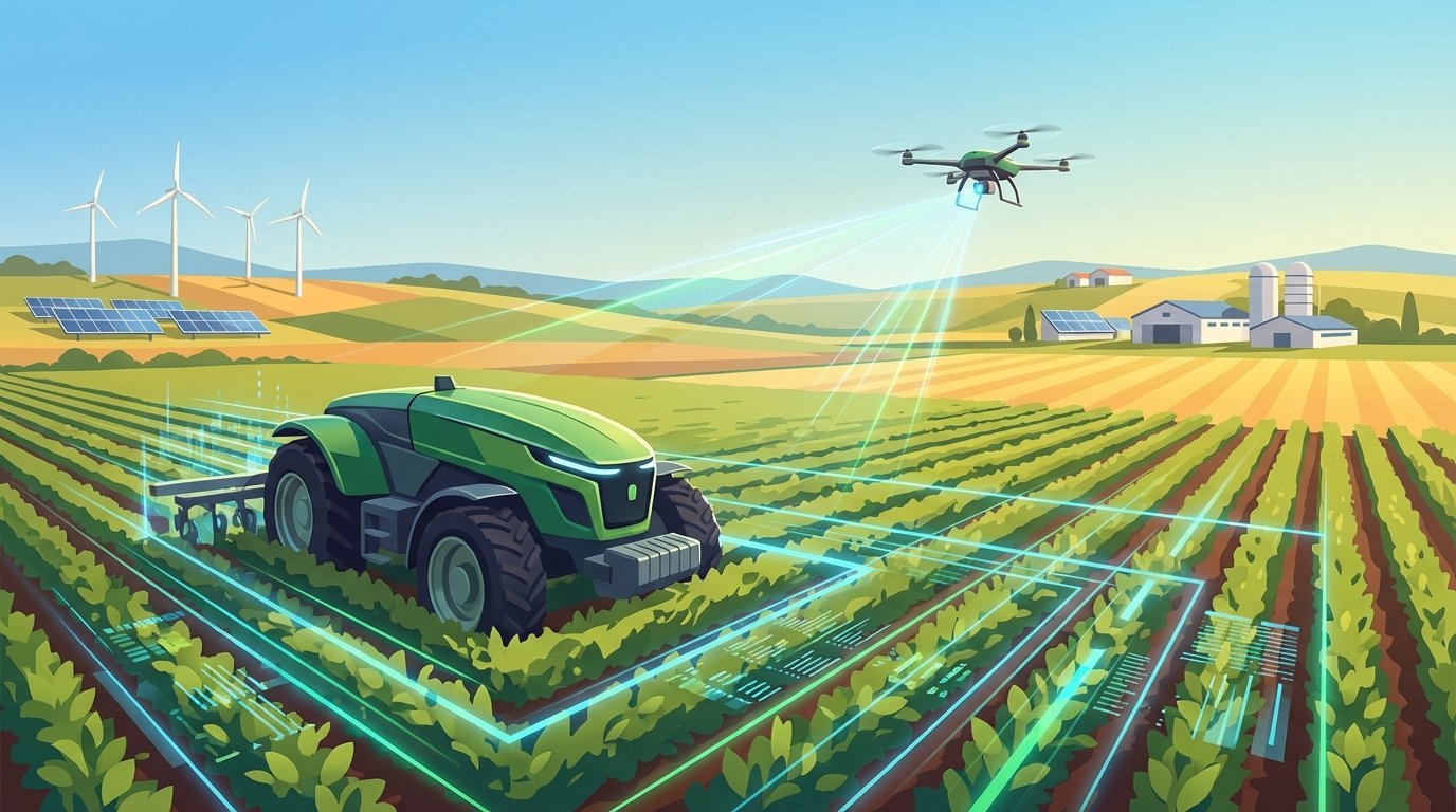 A digital illustration of a modern farm. A smart tractor works in the field while a drone flies overhead, with data symbols indicating technological integration.