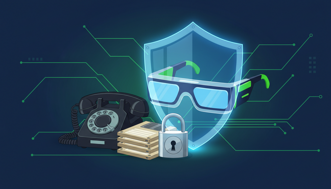 A conceptual visual showing the blend of futuristic gadgets and vintage hardware plus symbols of digital privacy like shields and locks