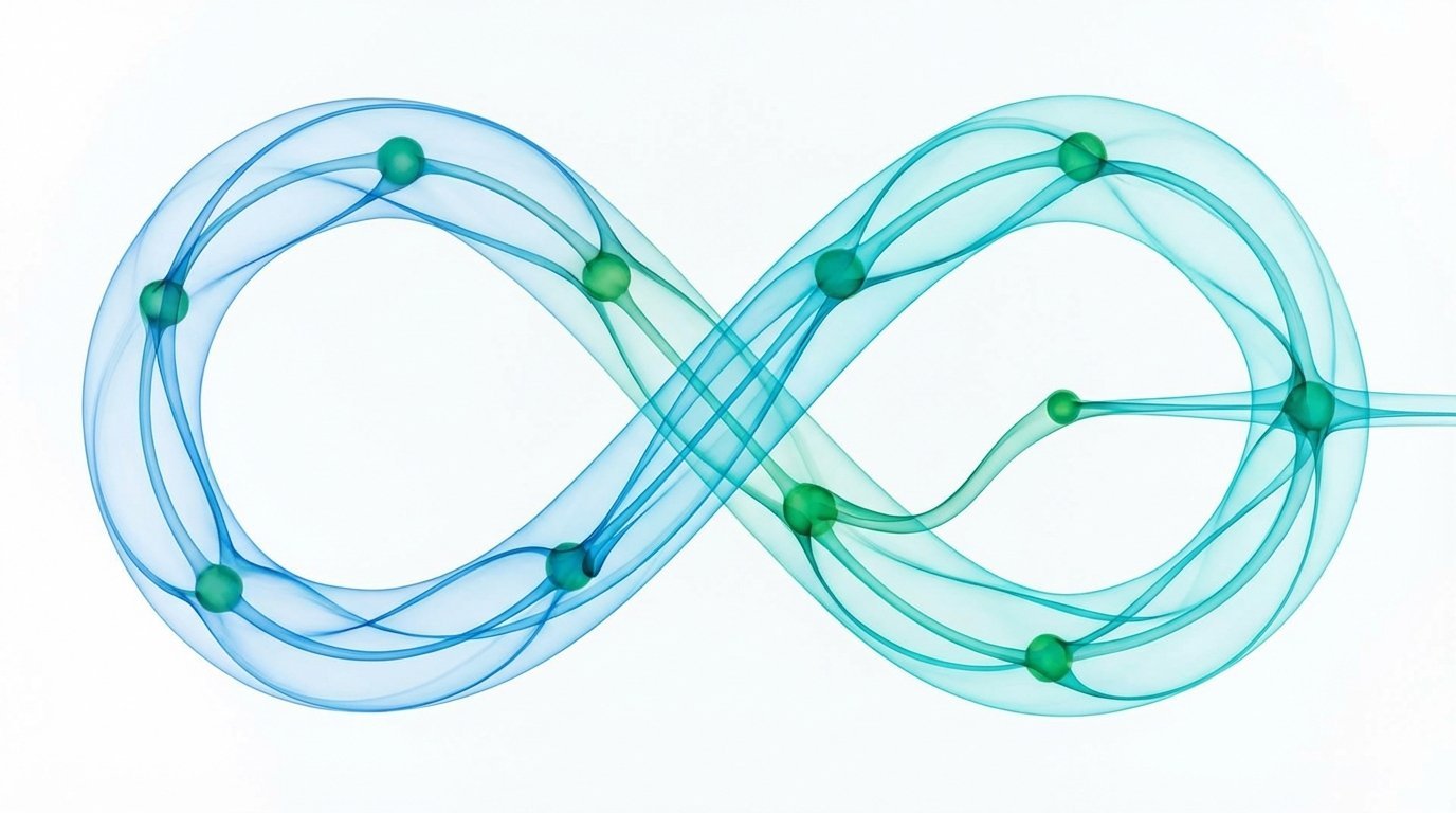 Abstract visualization of a CI/CD pipeline with interconnected nodes, symbolizing the speed and innovation of test automation tools for startups.