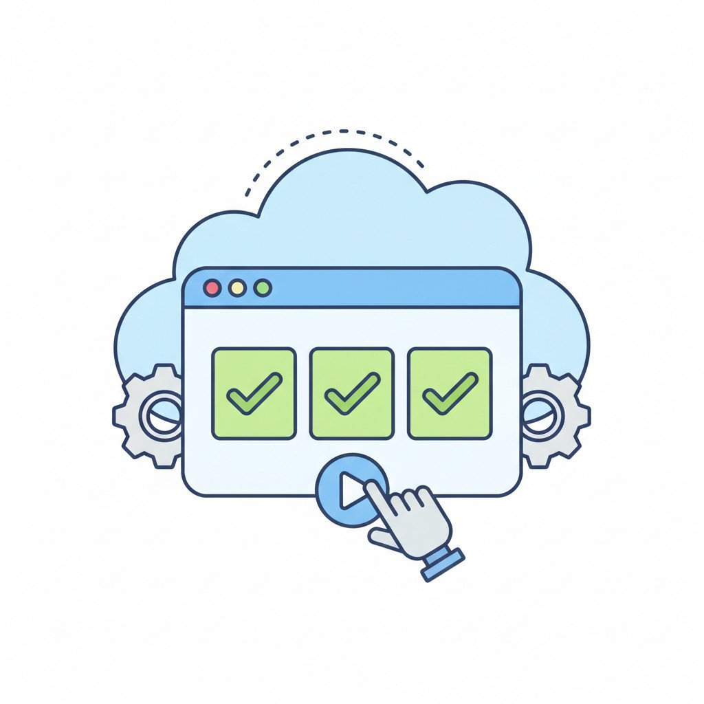 Simple flat-style illustration of a browser window with passed test checkmarks, a cloud icon, gears, and a robotic arm pressing a play button to represent cloud-based test automation, efficiency, and technology.