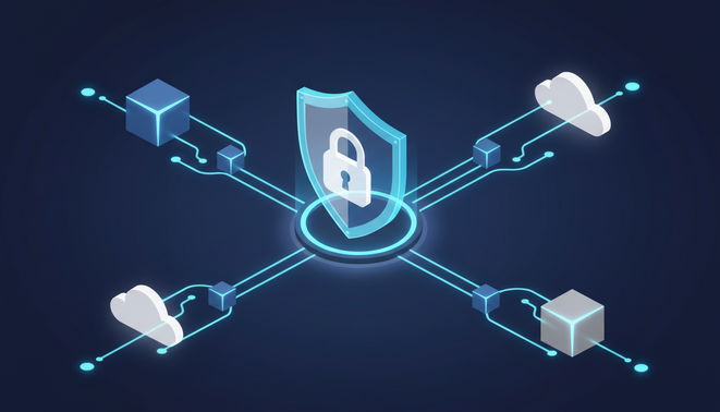 A minimalist 3D isometric illustration showing several distinct data symbols like cubes and cloud icons flowing through glowing digital lines into a secure central platform.