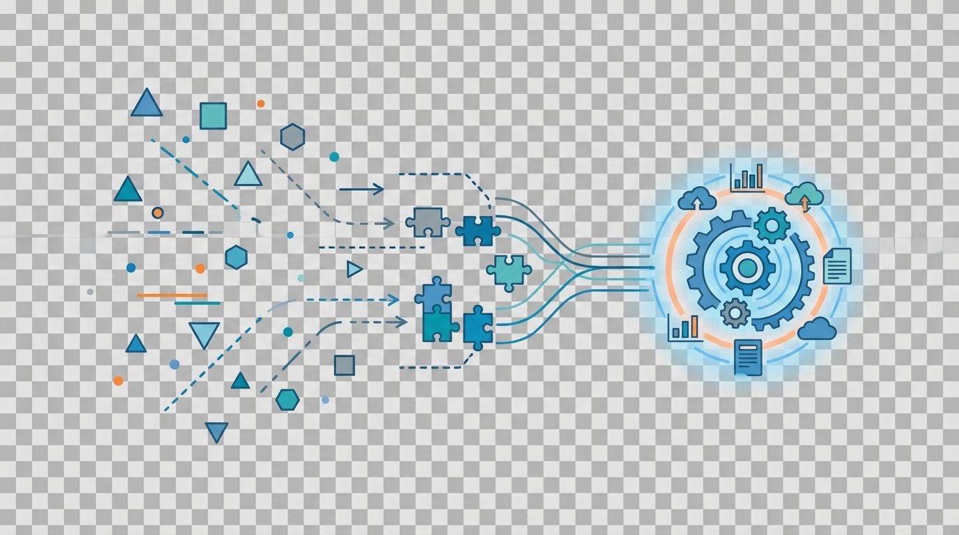 Illustration showing multiple fragmented tools and workflows represented by colored dots and geometric shapes on the left converging through merging lines and puzzle piece motifs into a single circular hub on the right to symbolize a unified AI native development platform.