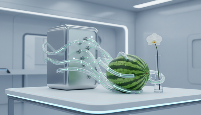 A conceptual visualization of the vine inspired robotic gripper extending its flexible tubes to grasp a watermelon and a glass vase.