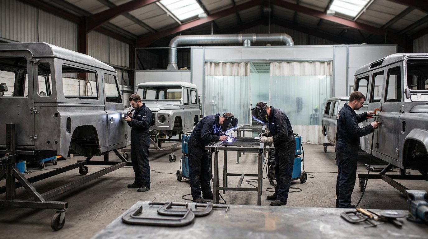 A manufacturing workshop with several unpainted vintage car-body shells on stands. Technicians wearing safety gear weld, fit panels, and inspect seams on replica Bronco and Defender-shaped bodies. Overhead lighting highlights metal surfaces and tools. No text or branding is visible.