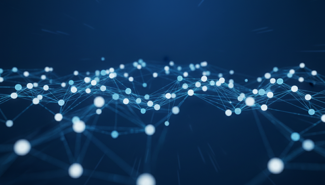 A minimalist and modern digital visualization of a network of interconnected glowing nodes. Thin lines of light connect various spheres to represent a synchronized flow of data within a decentralized system.