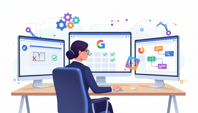 A digital illustration of a software tester working with multiple web browsers and automation tool icons to represent cross browser testing