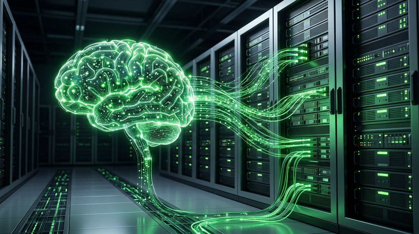 A futuristic digital brain connected to glowing server racks, illustrating data retrieval and RAG integration in a corporate data center.