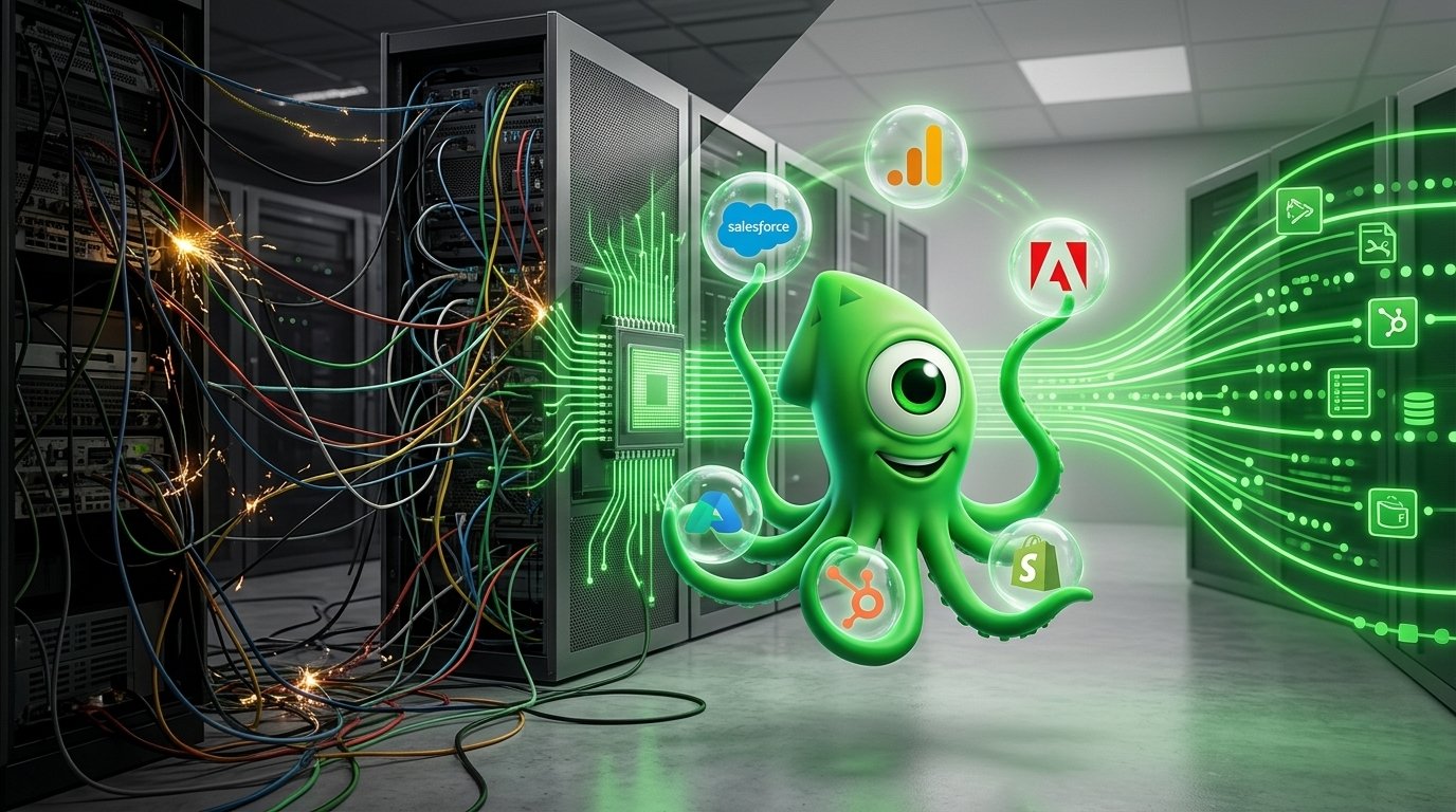 A chaotic server room transforming into an organized digital data stream managed by tealium studio.