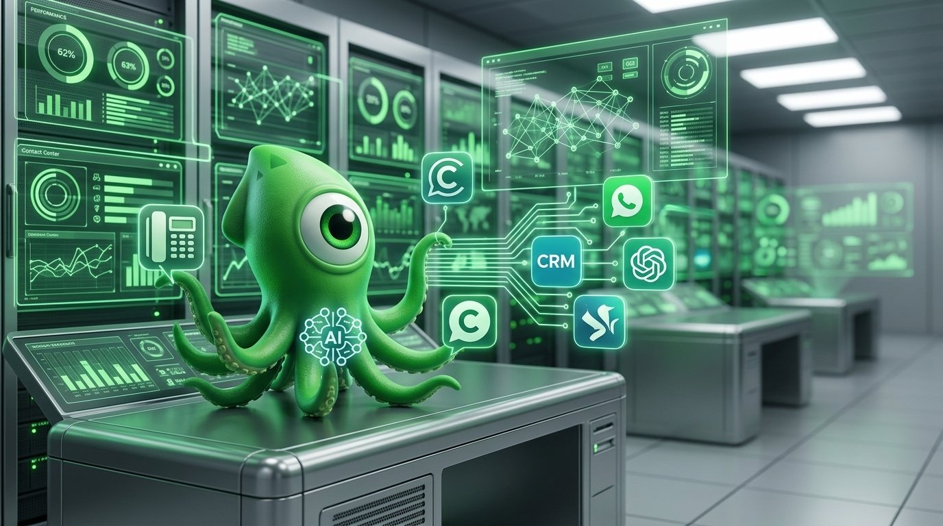 A modern, futuristic data center with holographic screens displaying contact center ai tools analytics, AI agent performance metrics, and automated workflow pathways.
