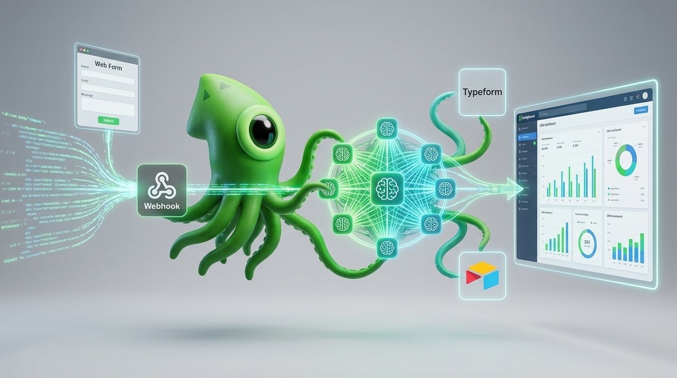 A detailed flowchart showing how n8n ai agents process data from a lead capture form to update a GoHighLevel CRM dashboard.