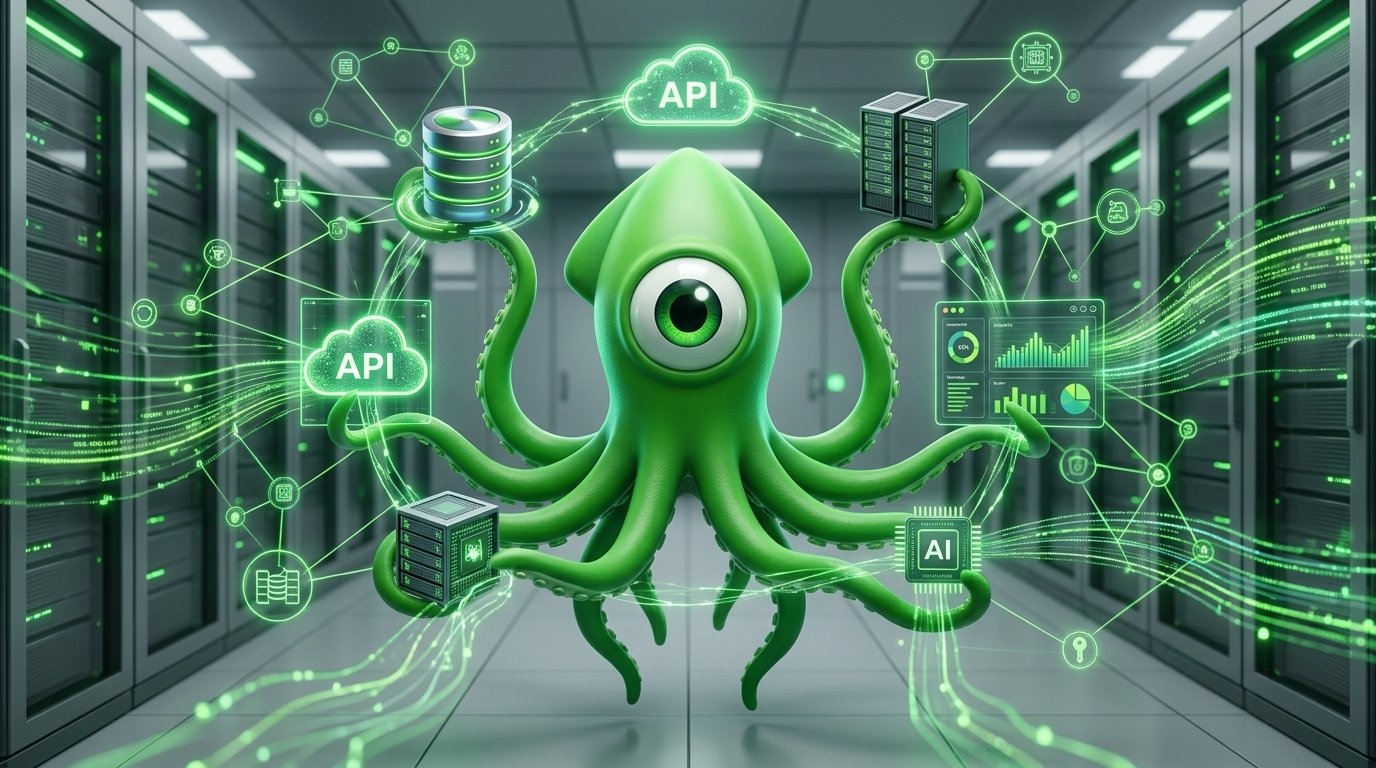 A modern, high-tech infographic showing how autonomous agents connect to various API endpoints, database servers, and cloud infrastructure.