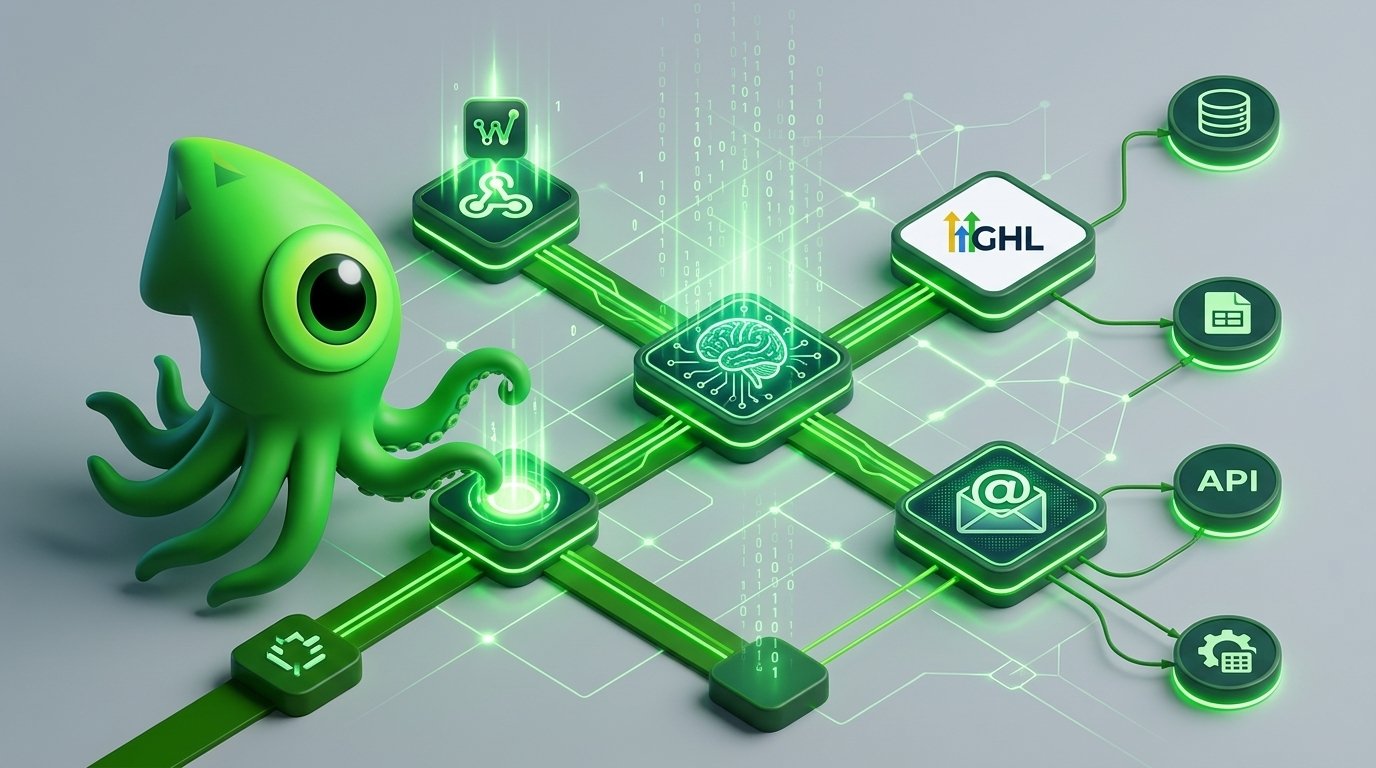 A detailed flowchart diagram of an n8n workflow showing a webhook triggering an AI agent node, which then branches into GoHighLevel CRM updates.