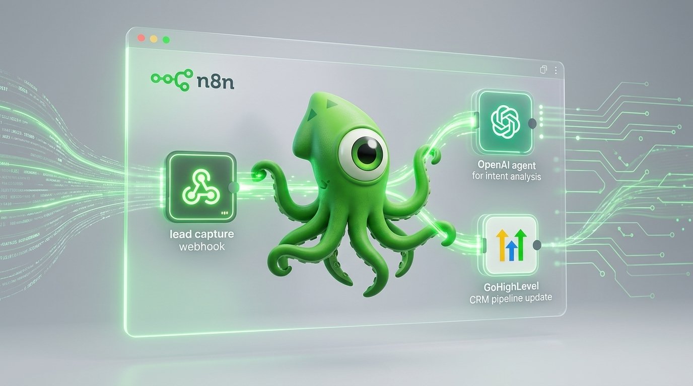 A detailed flowchart showing an n8n lead nurturing visual canvas connecting a lead capture webhook, an OpenAI agent node, and GoHighLevel.